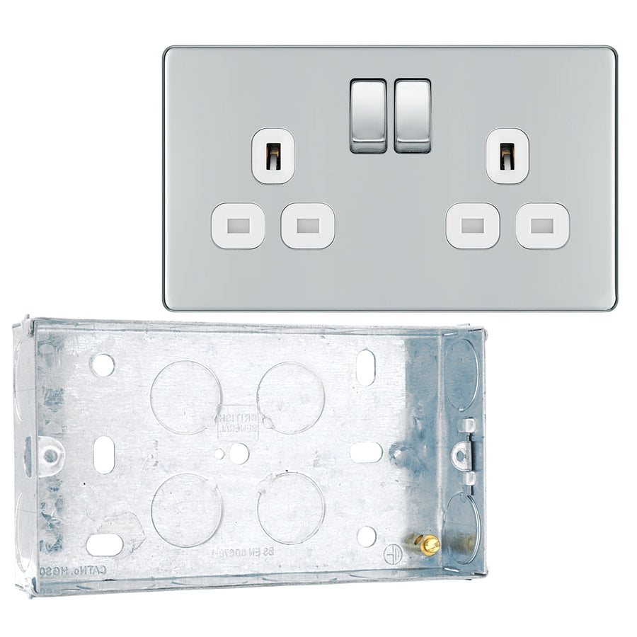 BG Screwless Polished Chrome 13A Double Switched Socket FPC22W with 25mm Steel Back Box