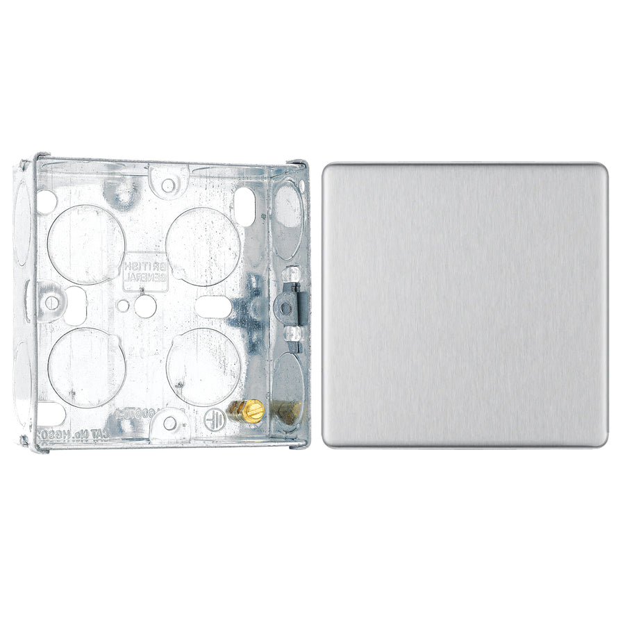 BG Screwless Brushed Steel Single Blank Plate FBS94 with 25mm Steel Back Box