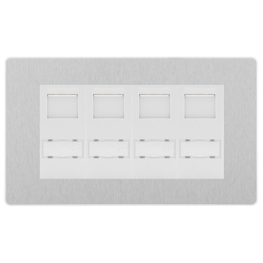 BG Evolve Brushed Steel 4 Gang RJ45 Cat6 Data Socket White Inserts