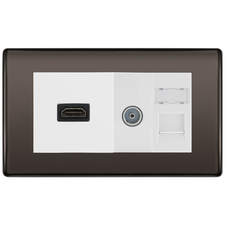 BG Nexus Black Nickel Media Wall Plate TV Aerial, HDMI & CAT6 Outlet - White Insert