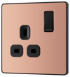 PCDCP21B Front - This Evolve Polished Copper 13A single switched socket from British General has been designed with angled in line colour coded terminals and backed out captive screws for ease of installation, and fits a 25mm back box making it an ideal retro-fit replacement for existing sockets.