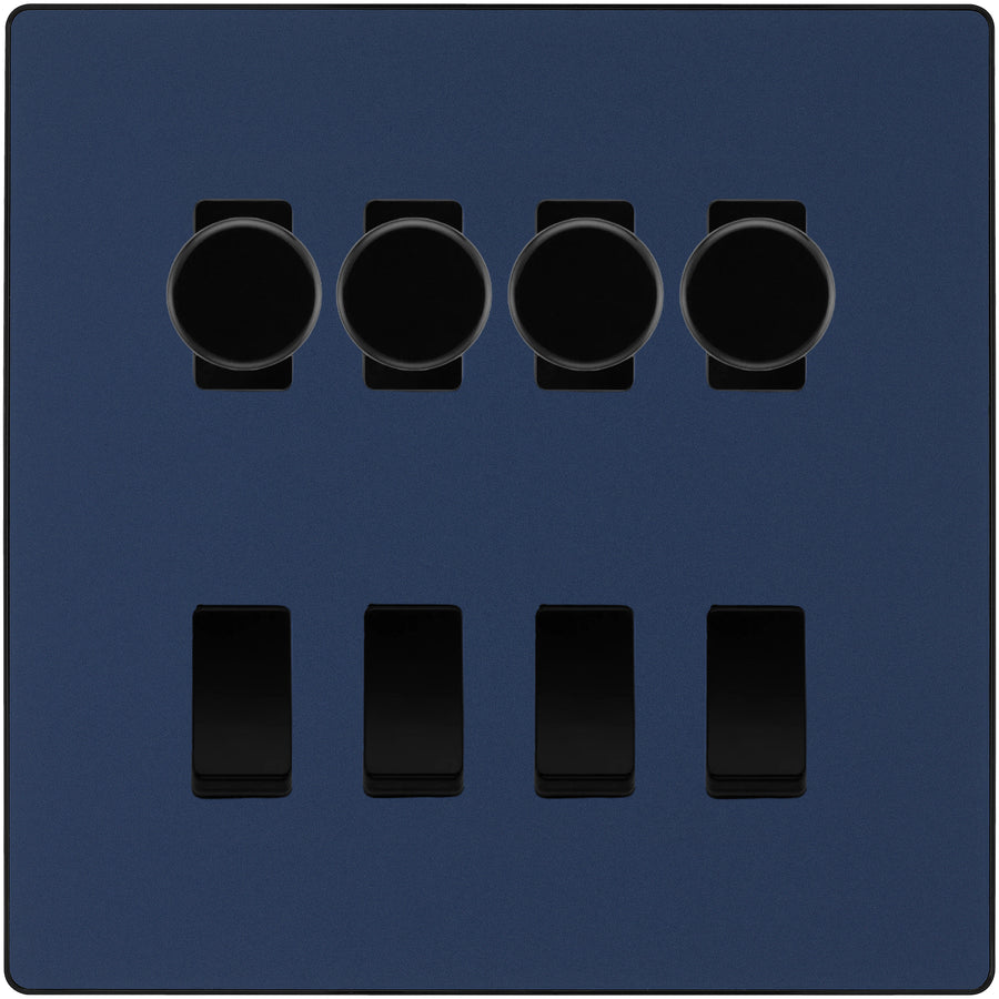 BG Evolve Matt Blue 8 Gang Switch 4x Trailing Edge LED Dimmer 4x Intermediate Custom Grid Switch