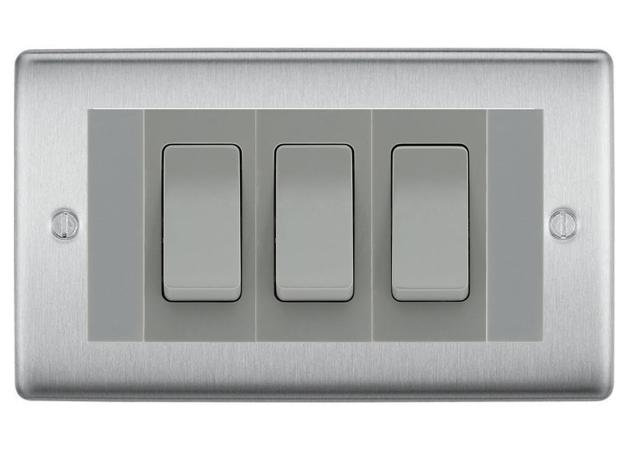BG Nexus Brushed Steel 3 Gang Intermediate Light Switch Custom Grid - Grey Insert