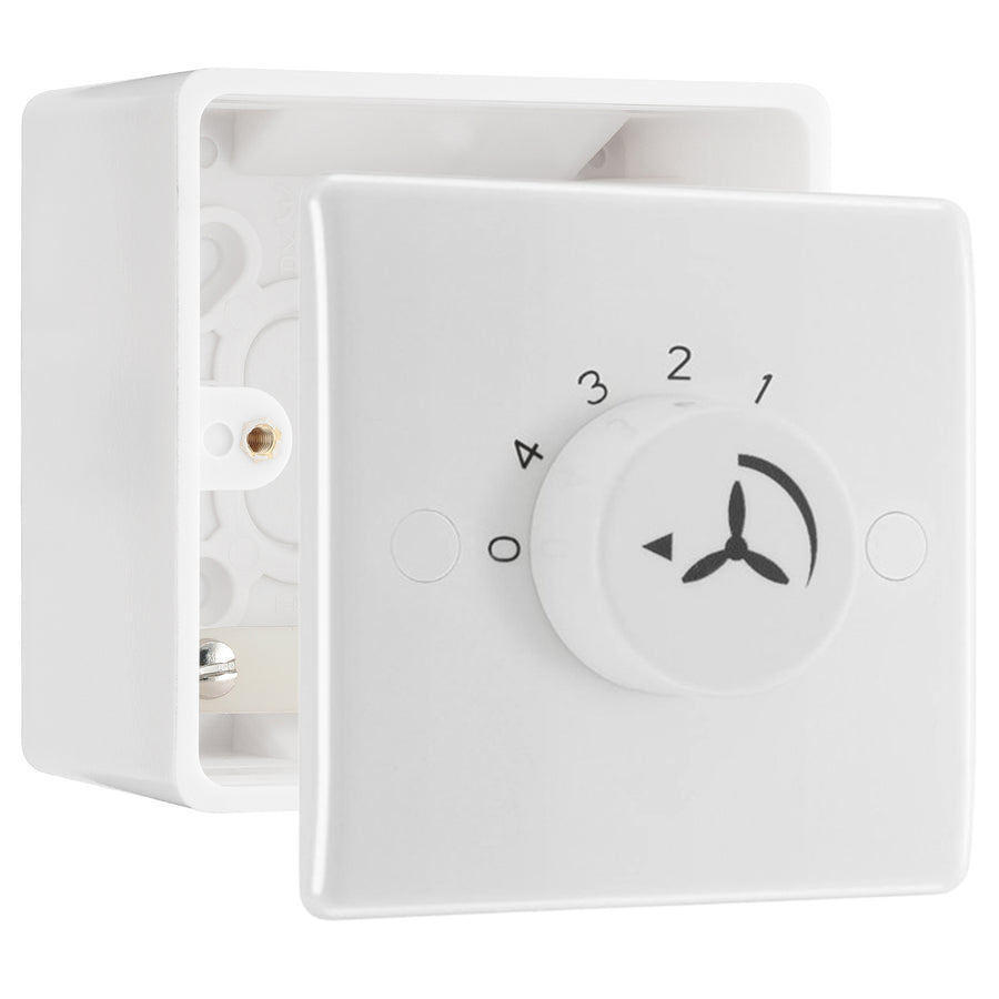 BG Electrical 1 Gang 100W Fan Controller White Moulded & 50mm Pattress Back Box