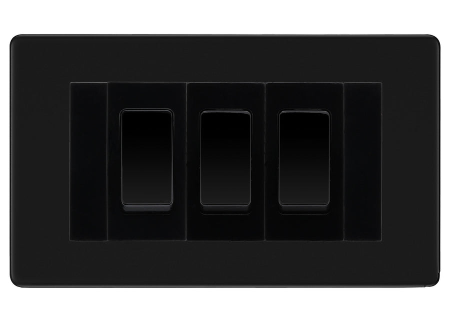 BG Matt Black Screwless 3 Gang Intermediate Light Switch Custom Grid - Black Insert