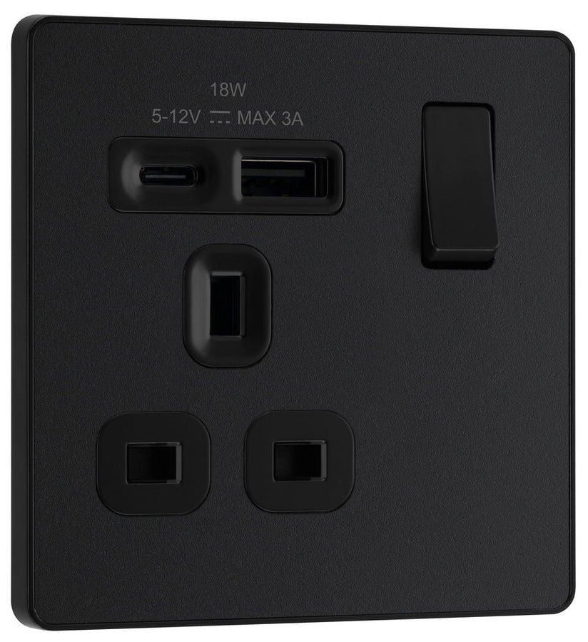 BG PCDMB21UAC18B Evolve | Matt Black - Black Insert |1 Gang 13A Single Pole 1x USB-A 1x USB-C Switched Socket