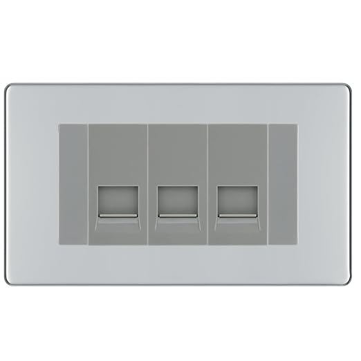 BG Screwless Polished Chrome 3 Gang RJ11 Telephone Socket Euro Module - Grey Insert