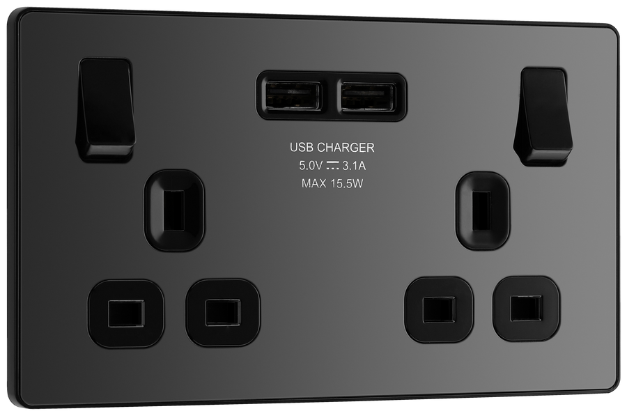 BG PCDBC22U3B Black Chrome Evolve 2 Gang 13A 2x USB-A 3.1A Switched Socket Outlet - Black Insert