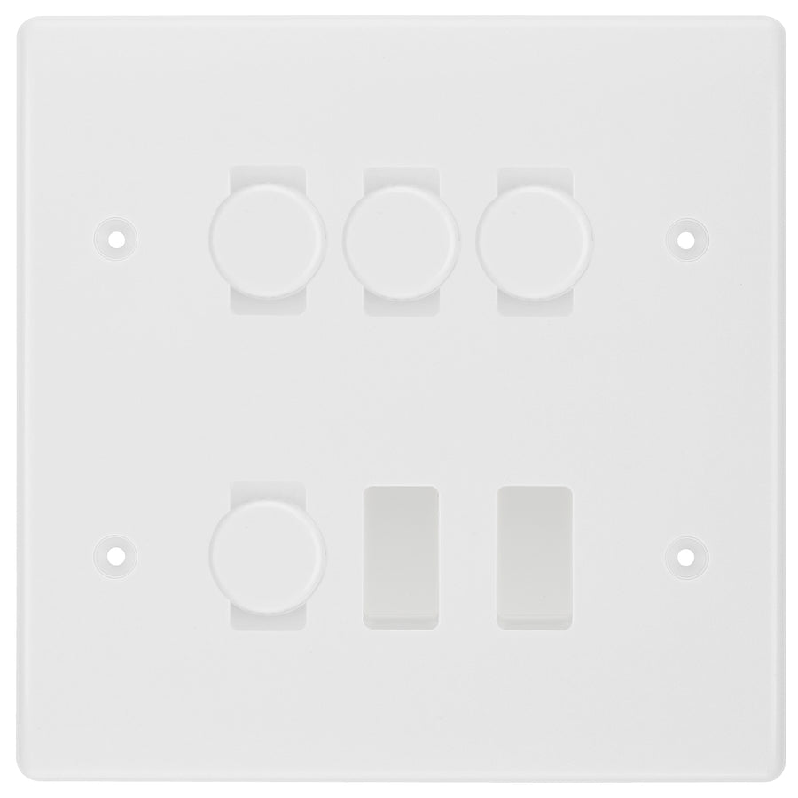 BG Nexus White Moulded 6 Gang Switch 4x Trailing Edge LED Dimmer 2x 2Way Custom Grid Switch