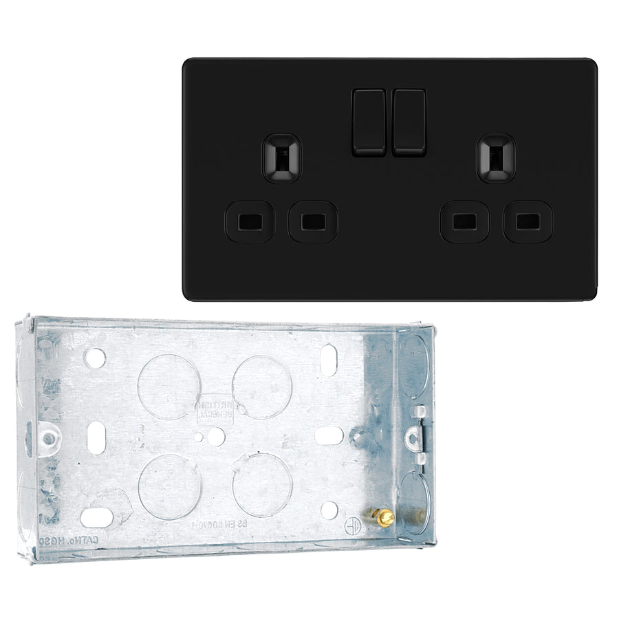 BG Screwless Matt Black 13A Double Socket FFB22B with 25mm Steel Back Box