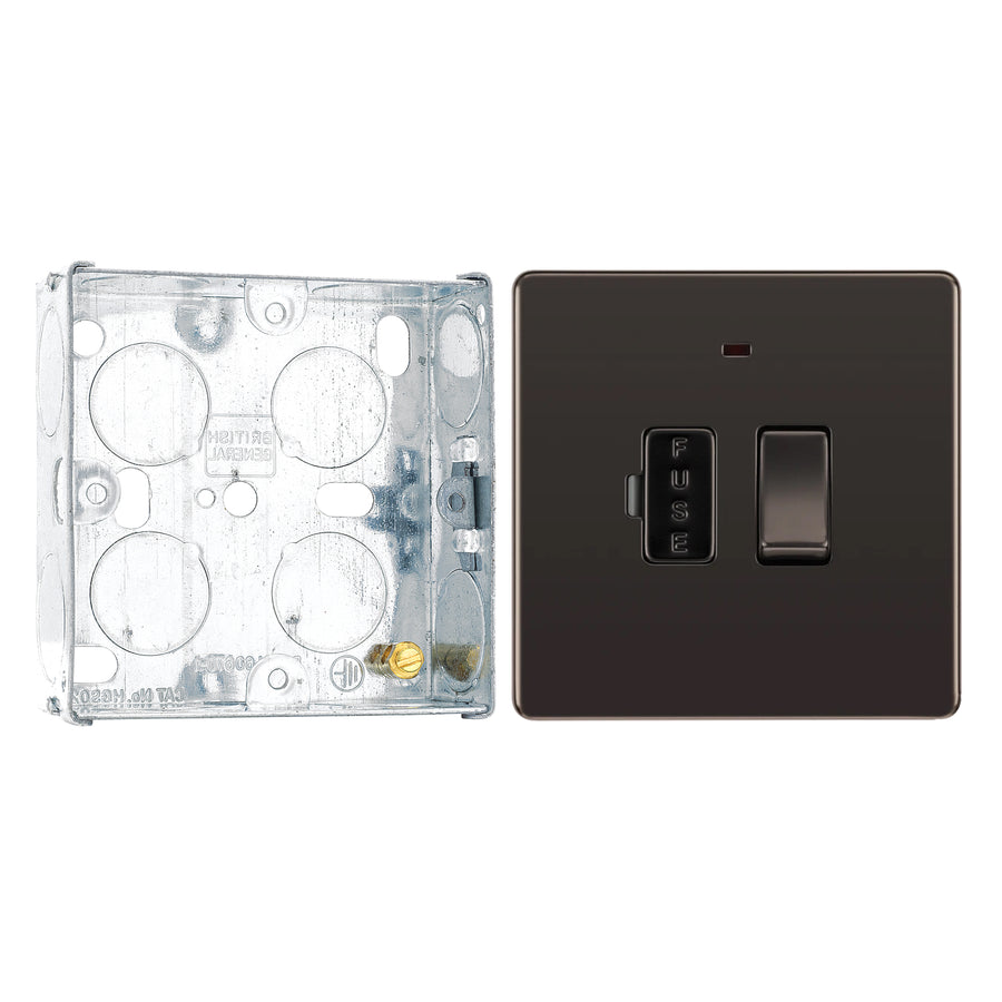 BG Screwless Black Nickel 13A Switched Spur + Neon FBN52 with 25mm Steel Back Box