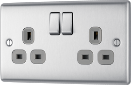 BG NBS22G Nexus Metal Brushed Steel 2 Gang 13A Switched Socket - Grey Insert
