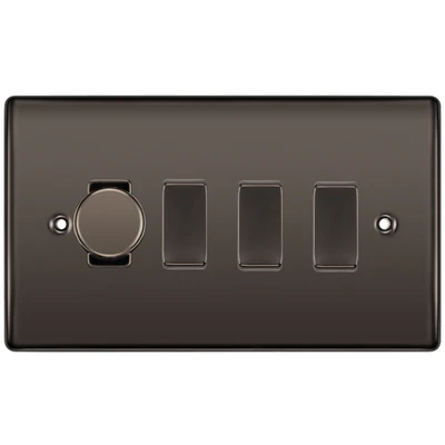 BG Nexus Black Nickel 4 Gang Switch 1x Trailing Edge LED Dimmer 3x Intermediate Custom Grid Switch