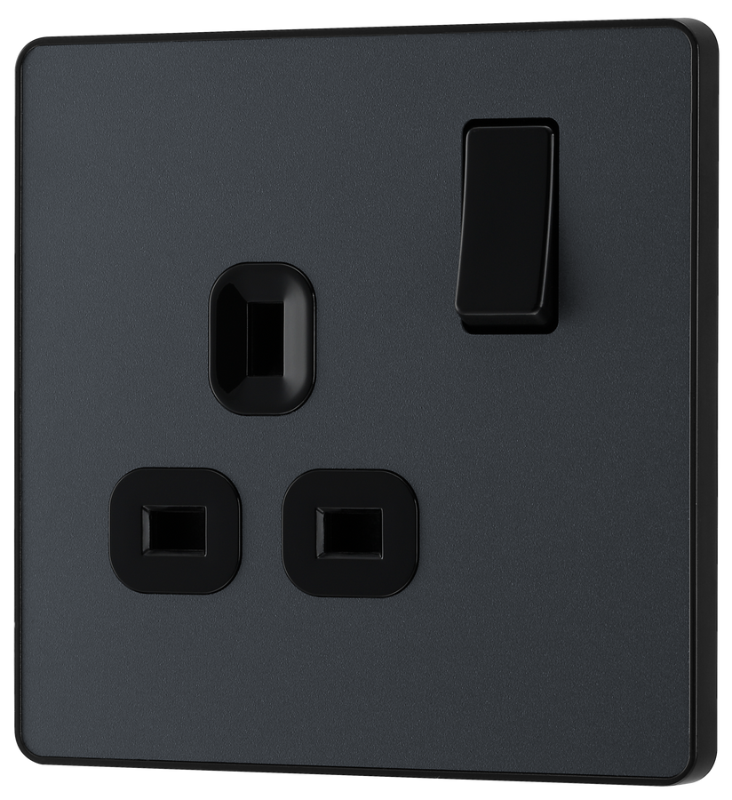 PCDMG21B Front - This Evolve Matt Grey 13A single switched socket from British General has been designed with angled in line colour coded terminals and backed out captive screws for ease of installation, and fits a 25mm back box making it an ideal retro-fit replacement for existing sockets.