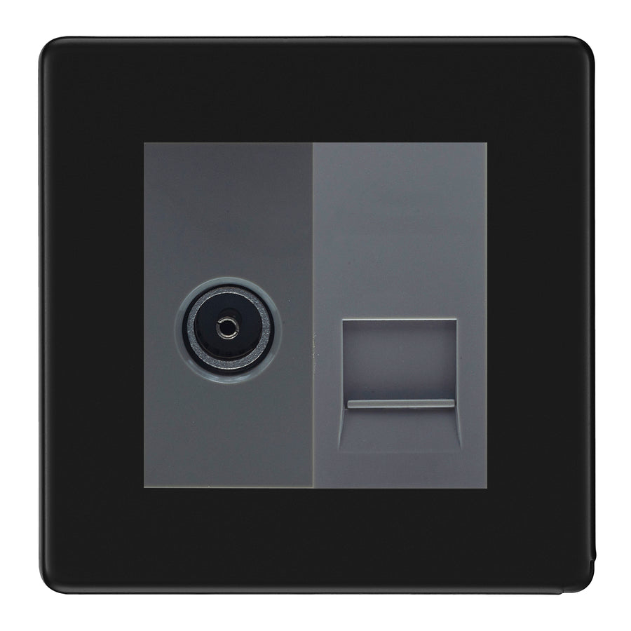 BG Screwless Matt Black TV Aerial & Master Telephone Socket — Grey Insert