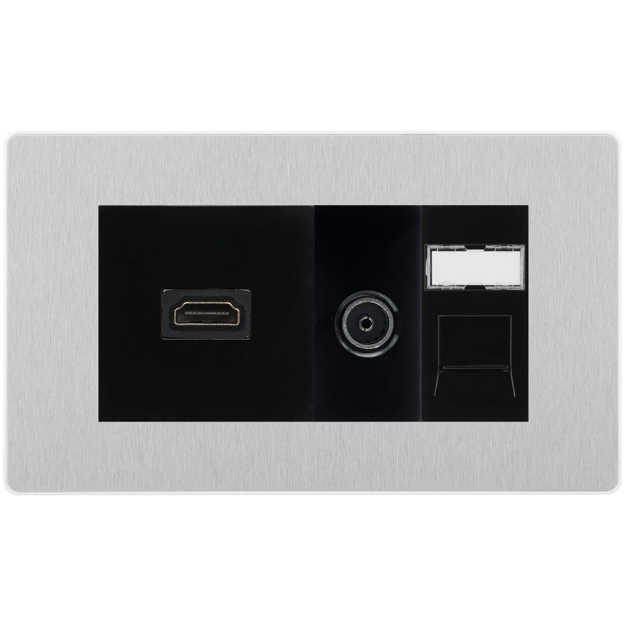 BG Evolve Media Wall Plate — TV Aerial, HDMI & CAT6 | Brushed Steel Screwless