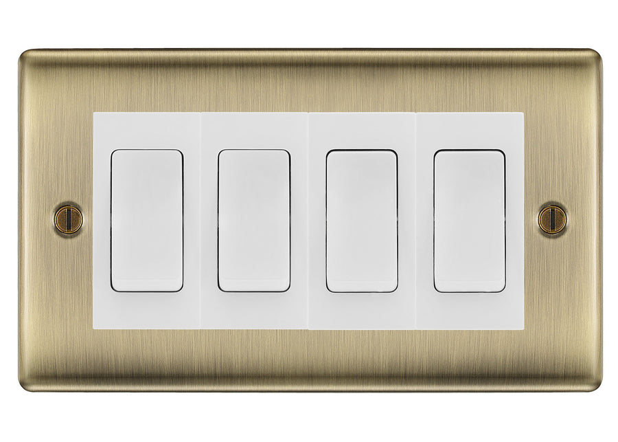 BG Nexus Antique Brass 4 Gang 20AX 2-Way Switch Custom Grid - White Insert