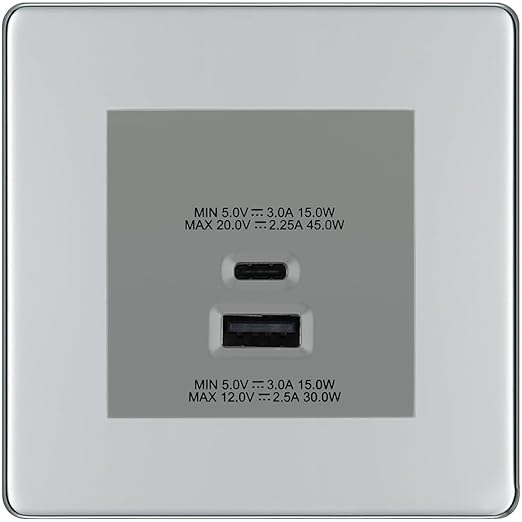 BG Polished Chrome 45W USB Wall Socket Euro Module USB-A & C - Grey Insert