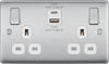 BG NBS22UAC22W Brushed Steel Double Socket with USB 22W Type A & C USB White Inserts