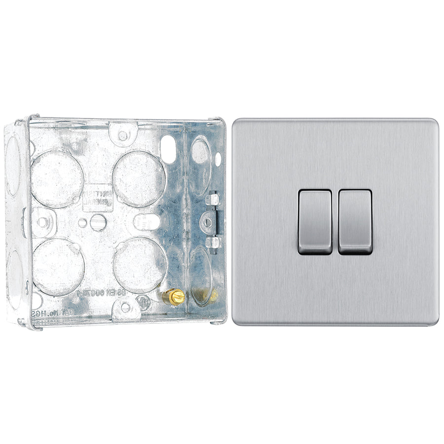 BG Screwless Brushed Steel 20A 16AX 2 Way Double Light Switch FBS42 with 35mm Steel Back Box