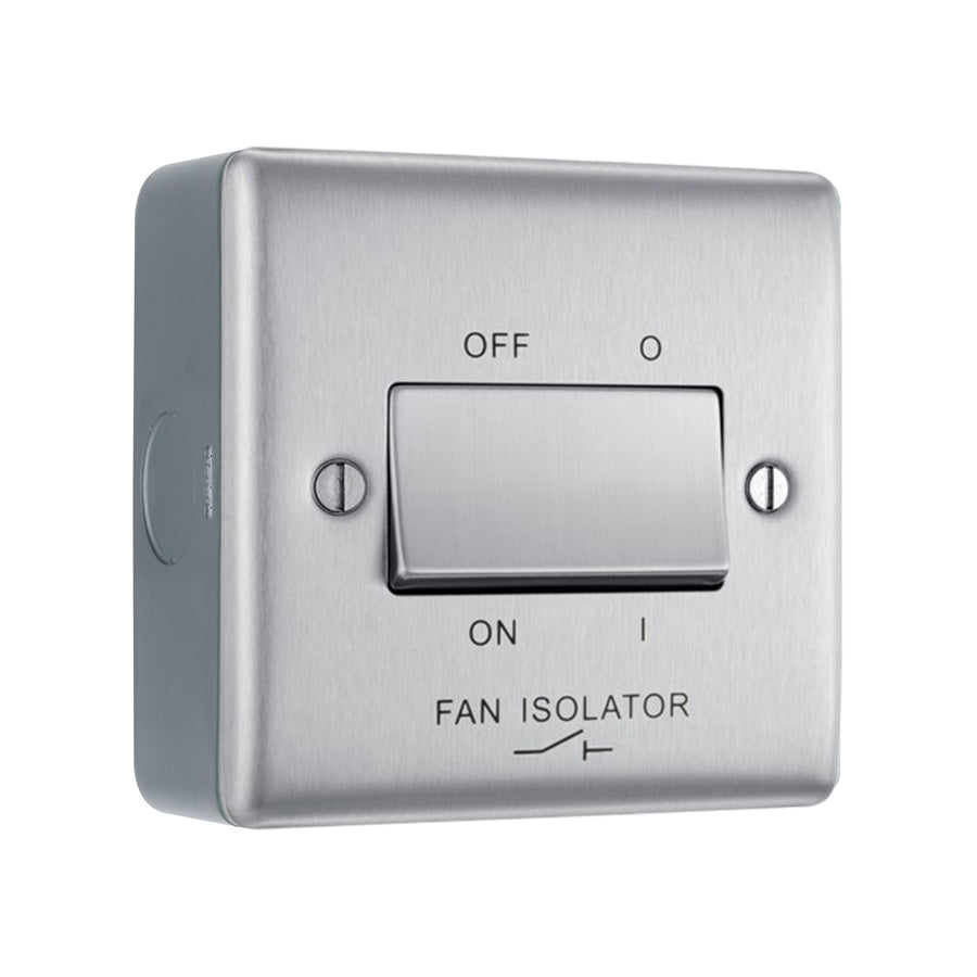 Brushed Steel 10A Triple Pole Fan Isolator Switch & Surface Pattress Back Box