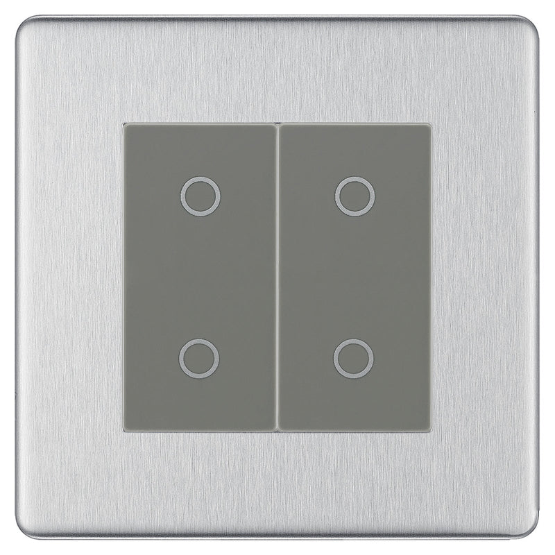 BG Nexus Screwless Brushed Steel Double Master Touch Dimmer Switch Grey Inserts