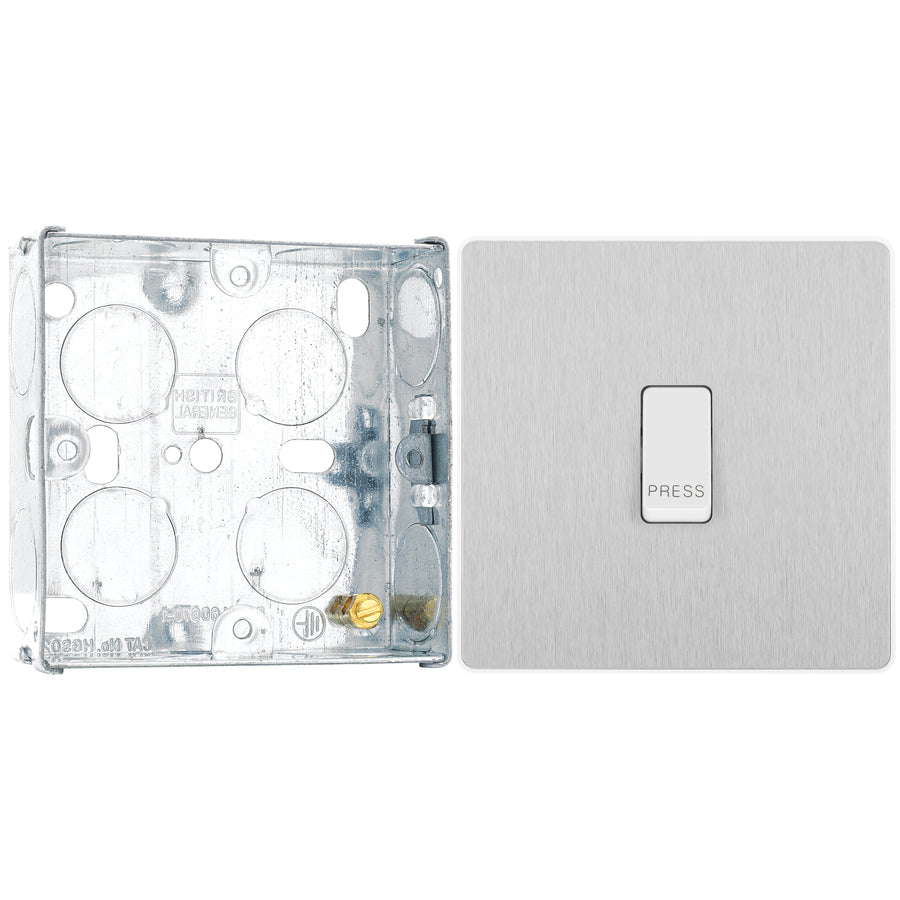 BG Evolve Brushed Steel 10AX 1 Way Press Switch PCDBS14W with 25mm Steel Back Box