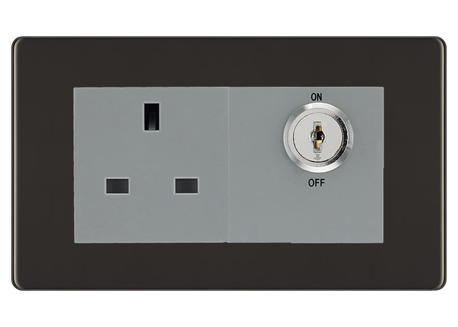 BG Screwless Black Nickel 13A Double Pole Key Controlled Socket – Grey Inserts