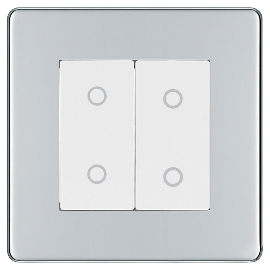 BG Nexus Screwless Polished Chrome Double Master Touch Dimmer Switch White Inserts FPCTDM2W