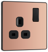 PCDCP21B Front - This Evolve Polished Copper 13A single switched socket from British General has been designed with angled in line colour coded terminals and backed out captive screws for ease of installation, and fits a 25mm back box making it an ideal retro-fit replacement for existing sockets.