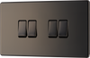 FBN44 Front - This Screwless Flat plate black nickel finish 20A 16AX quadruple light switch from British General can operate 4 different lights whilst the 2 way switching allows a second switch to be added to the circuit to operate the same light from another location (e.g. at the top and bottom of the stairs).