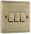 NAB43 Front - This antique brass finish 20A 16AX triple light switch from British General can operate 3 different lights whilst the 2 way switching allows a second switch to be added to the circuit to operate the same light from another location (e.g. at the top and bottom of the stairs).