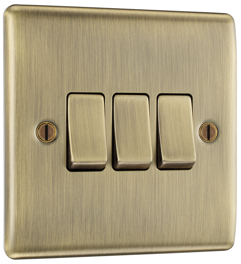 NAB43 Front - This antique brass finish 20A 16AX triple light switch from British General can operate 3 different lights whilst the 2 way switching allows a second switch to be added to the circuit to operate the same light from another location (e.g. at the top and bottom of the stairs).