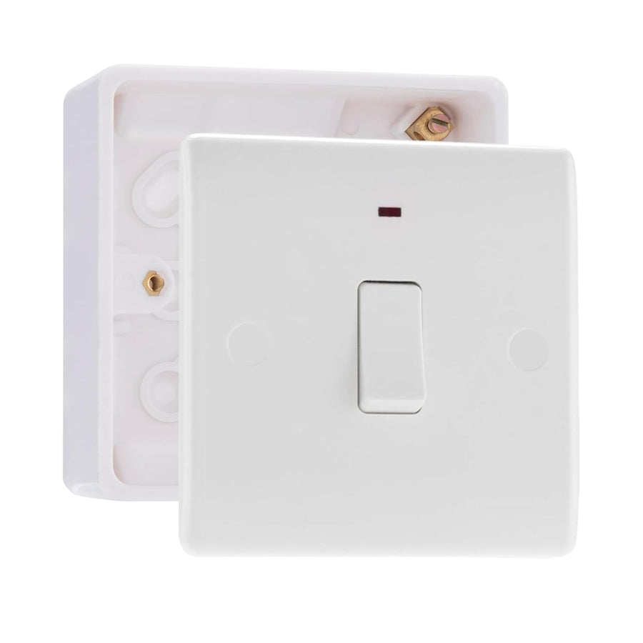 BG Nexus 1 Gang 20A 2 Pole Neon Switch White & 32mm Pattress Back Box
