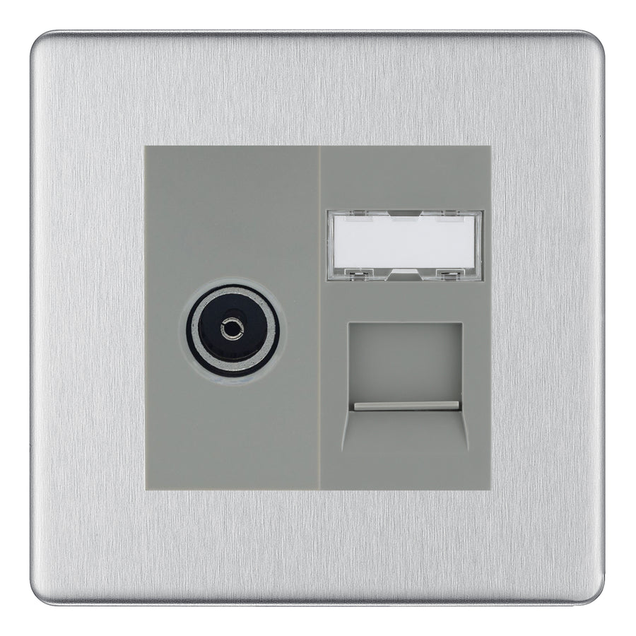BG Screwless Brushed Steel TV Aerial & RJ45 CAT6 Data Socket - Grey Insert