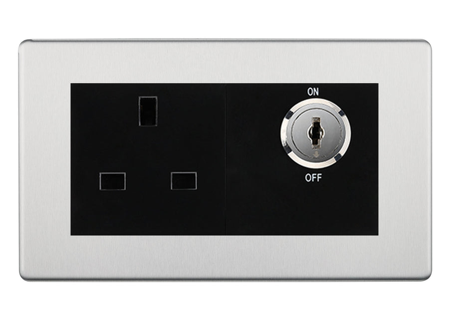 BG Screwless Brushed Steel 13A Double Pole Key Controlled Socket – Black Inserts