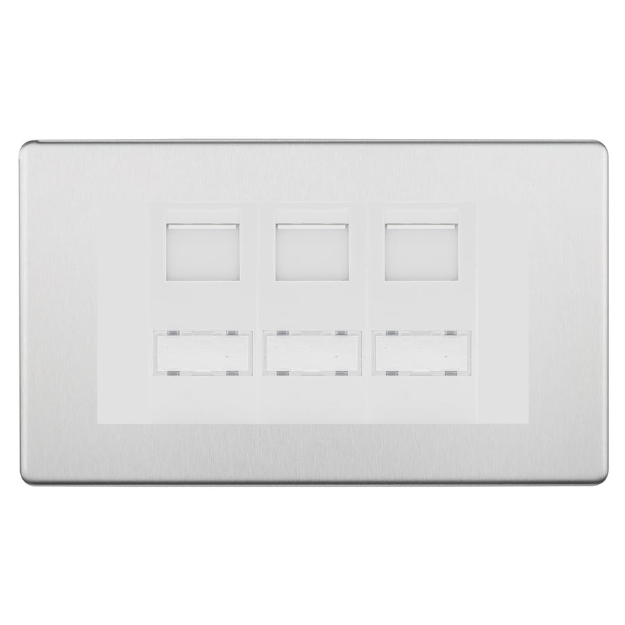 BG Screwless Brushed Steel 3 Gang RJ45 CAT6 Data Socket White Insert
