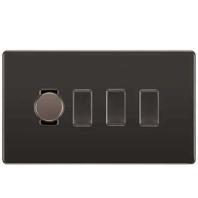 BG Screwless Black Nickel 4 Gang Switch 1x Trailing Edge LED Dimmer 3x Intermediate Custom Grid Switch