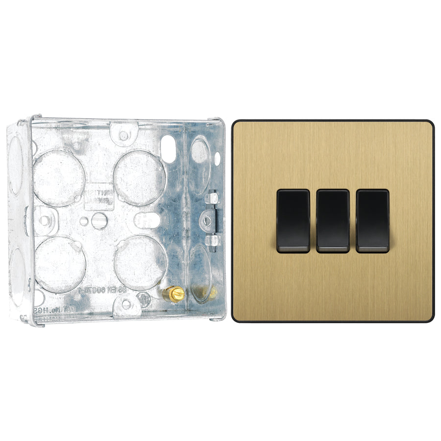 BG Evolve Satin Brass 3 Gang 20A 16AX 2 Way Light Switch PCDSB43B with 35mm Steel Back Box