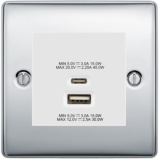 BG Nexus Polished Chrome 45W USB Wall Socket Euro Module USB-A & C-White Insert