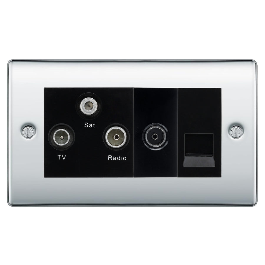 BG Nexus Polished Chrome TV/FM/SAT + Return & 1 Gang Tel - Screened Triplex Socket NPC68B