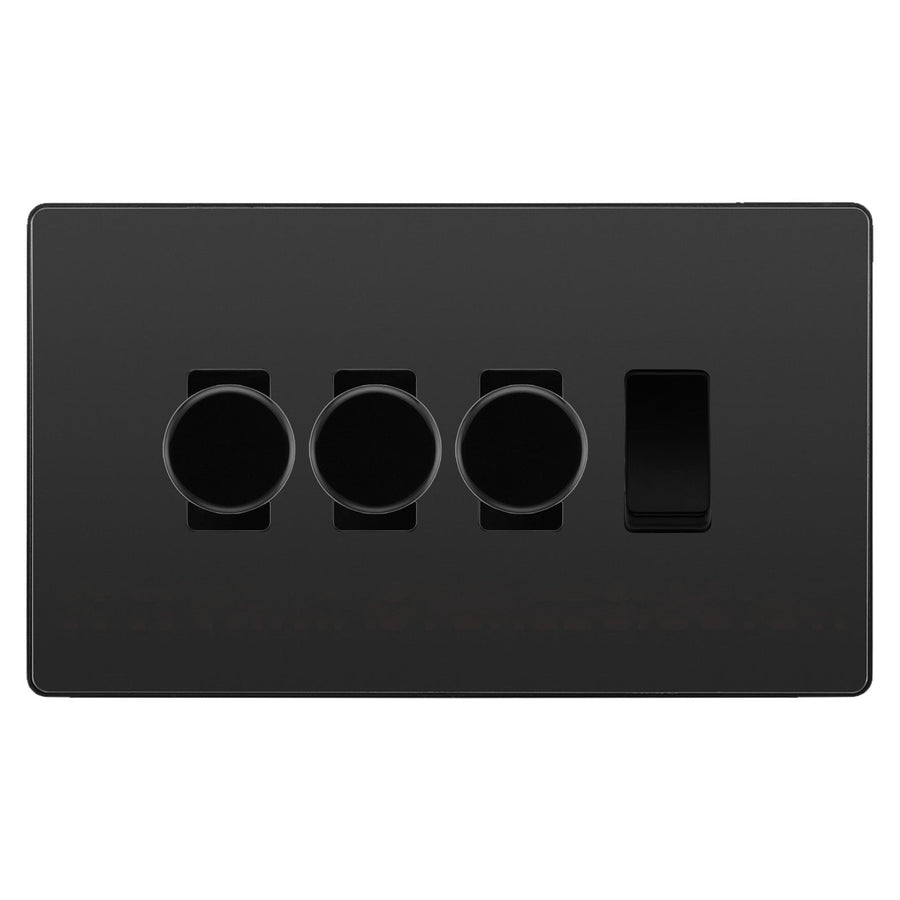 BG Evolve Black Chrome 4 Gang Light Switch 3x Trailing Edge LED Dimmer 1x 2 Way Custom Switch