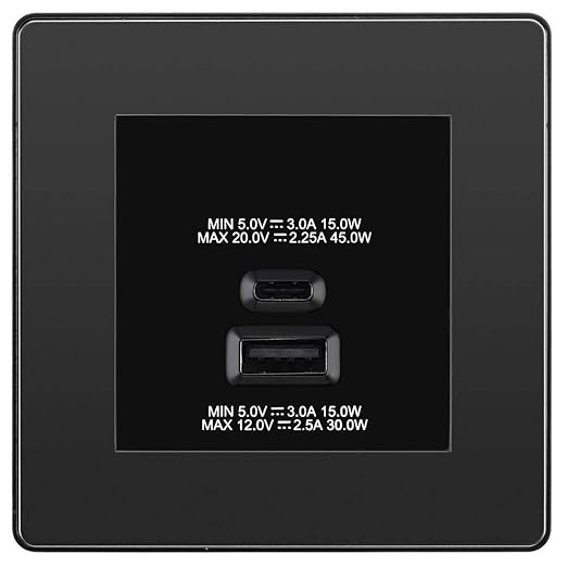 BG Evolve Black Chrome 45W USB Wall Socket Euro Module USB-A & C - Black Insert