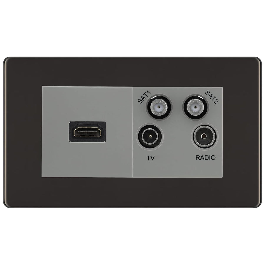 BG Screwless Black Nickel 4G Faceplate with HDMI + TV/FM/SAT Module - Grey