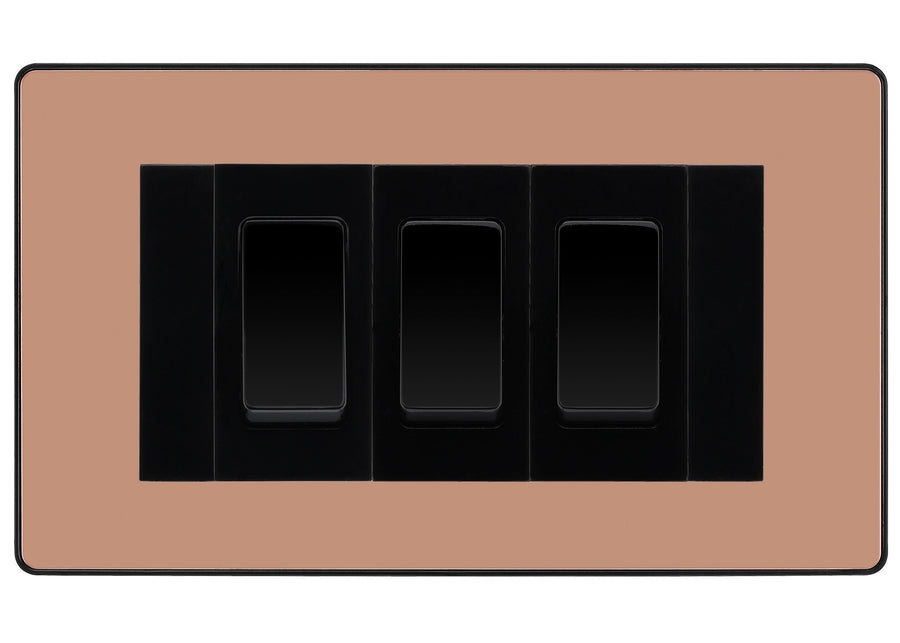 BG Evolve Polished Copper 3G Switch 2x Intermediate 1x 2 Way Switch - Black Insert