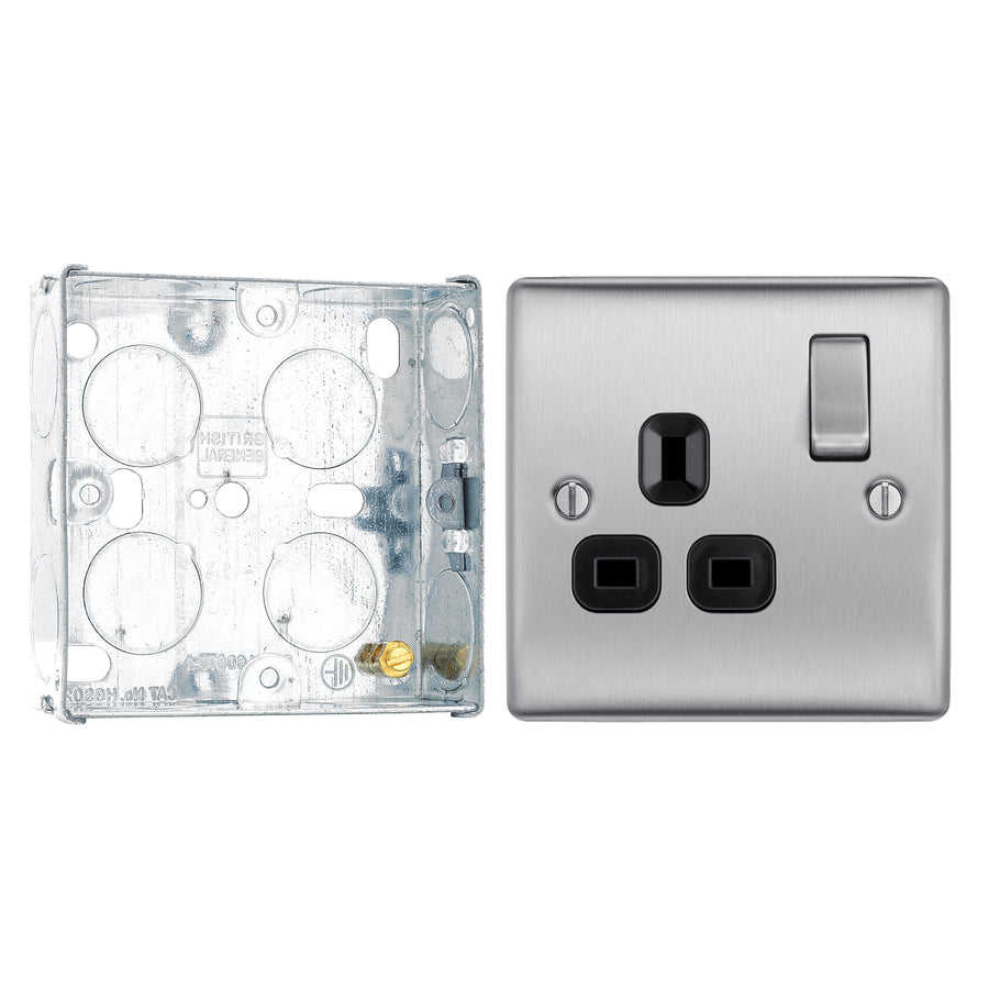 BG Nexus Metal Brushed Steel 13A Single Socket NBS21B with 25mm Steel Back Box