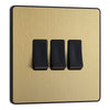 BG Evolve Satin Brass 3 Gang 20A 16AX 2 Way Light Switch PCDSB43B with 35mm Steel Back Box