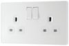 PCDCL22W Front - This Evolve pearlescent white 13A double switched socket from British General has been designed with angled in line colour coded terminals and backed out captive screws for ease of installation, and fits a 25mm back box making it an ideal retro-fit replacement for existing sockets. 