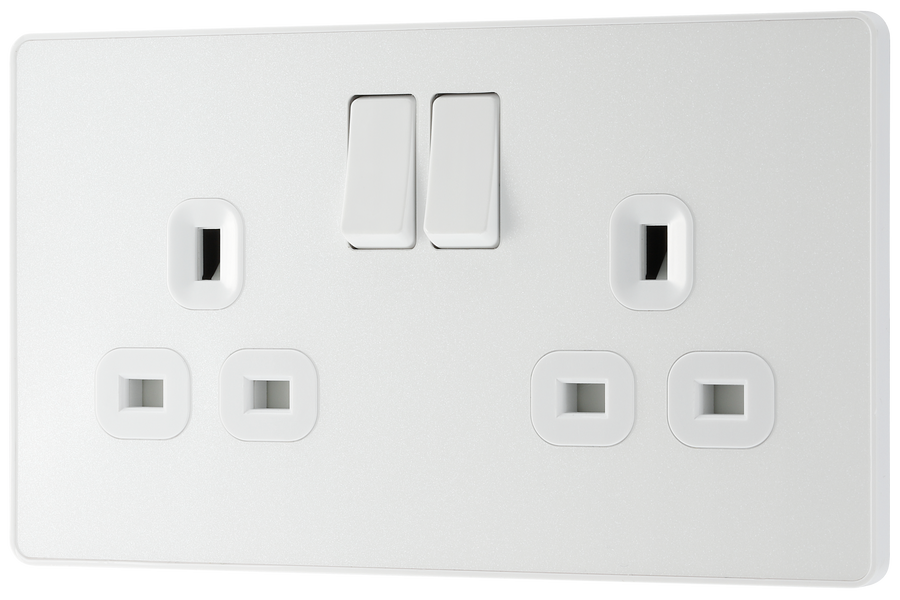 PCDCL22W Front - This Evolve pearlescent white 13A double switched socket from British General has been designed with angled in line colour coded terminals and backed out captive screws for ease of installation, and fits a 25mm back box making it an ideal retro-fit replacement for existing sockets. 