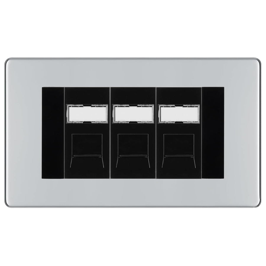 BG Screwless Polished Chrome 3 Gang RJ45 Cat6 Data Socket Outlet Black Inserts